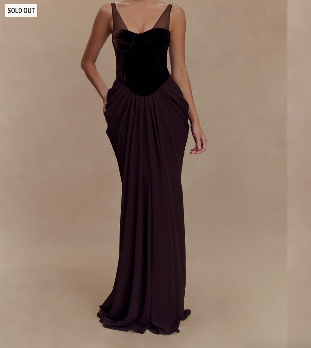 Meshki Roxanne Velvet Corset Cacao Brown Maxi Dress NWT Size XS